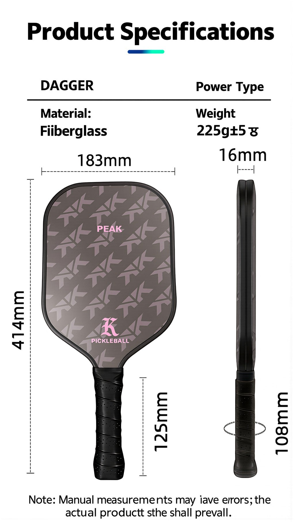 PEAK Glass Fiber Pickleball Paddle Lightweight Racket with Carry Bag for Indoor Outdoor Training