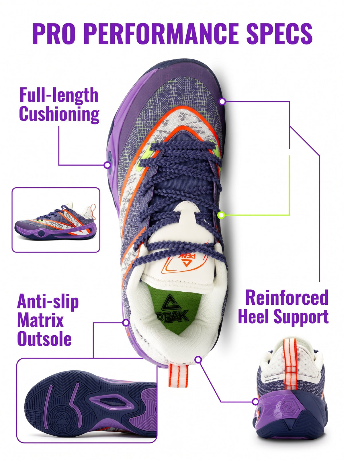 PEAK Basketball Shoes Sports Sneakers for Indoor and Outdoor Courts DA540031 Purple