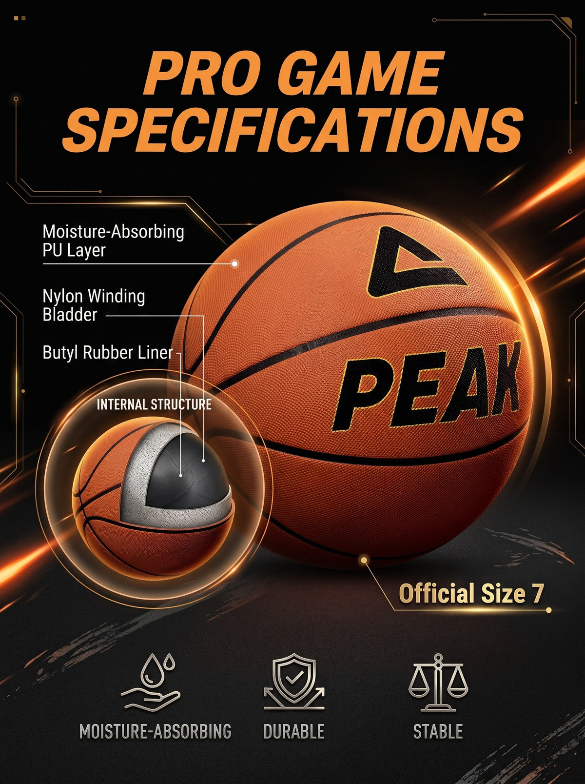 PEAK Size 7 Brown Basketball PU Leather Anti‑Slip Wear‑Resistant for Indoor Outdoor Training & Match Q1231990